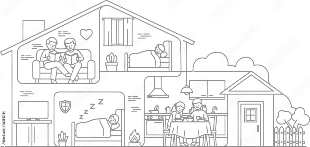 Fototapeta premium Family life inside a cozy home with different activities