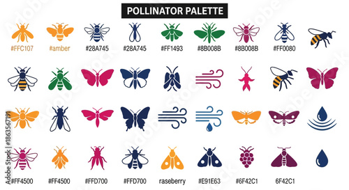 Colorful Pollinator Palette with Bees, Butterflies, Moths, and Wind Graphics with Hex Codes