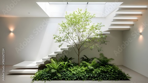 Elegant modern interior featuring a minimalist white staircase ascending alongside a lush indoor garden, bathed in natural light from a skylight, creating a serene and harmonious living space