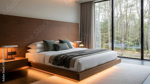 Luxurious modern bedroom with elegant wooden furnishings, a comfortable bed, ambient lighting, and expansive windows offering a serene view of a lush forest