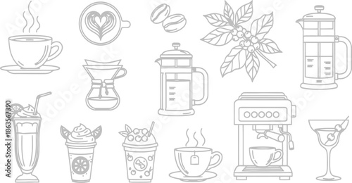 Coffee and tea drinks with various coffee makers and ingredients