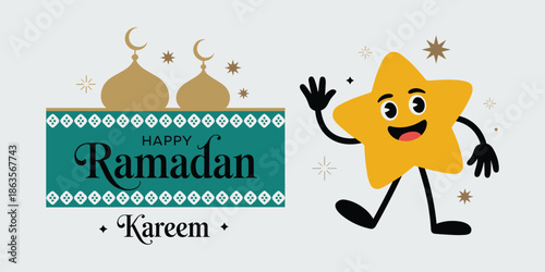 Happy Ramadan Kareem star character with mosque domes and crescent moons cartoon star vector illustration isolated on a light grey background.