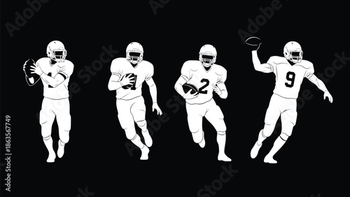 Silhouettes of Four Football Players in Action.
