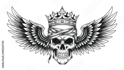 Majestic crowned skull with wings emblem.