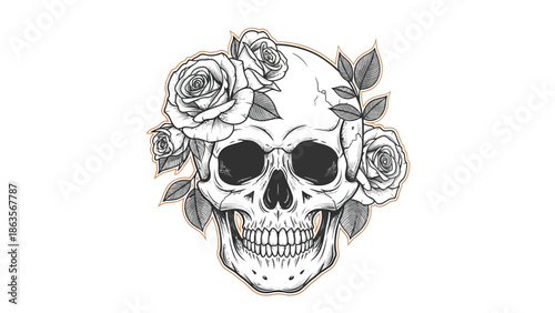 Skull Surrounded by Roses Illustration Portrait.