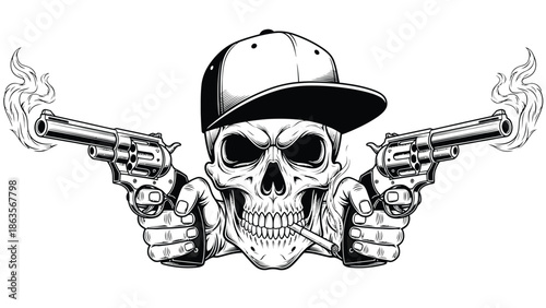 Skull wearing cap with twin pistols illustration.