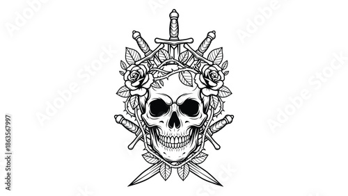 Intricate Skull Crest with Swords Emblem.