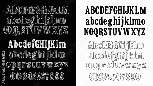 Collection of diverse typography styles and fonts displayed on black and white backgrounds.