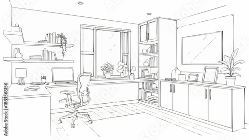 Hand drawn sketch of a modern home office interior design.