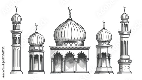 Architectural Harmony: An artistic sketch of an intricately designed mosque features domes and minarets in harmonious composition. A visual ode to architectural finesse and spiritual significance.