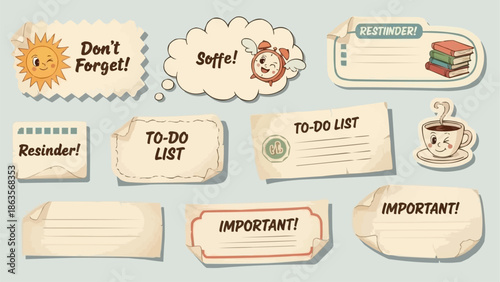 Collection of various paper notes and stickers for reminders.
