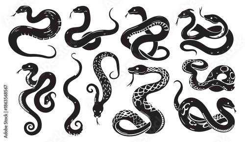 Snake Serpent Illustration Pattern Design, Black White Reptile Art Set, Hand Drawn Animal Graphic, Wildlife Nature Doodle Collection, Cobra Viper Silhouette Elements, Vintage Tattoo Style Clipart, Got