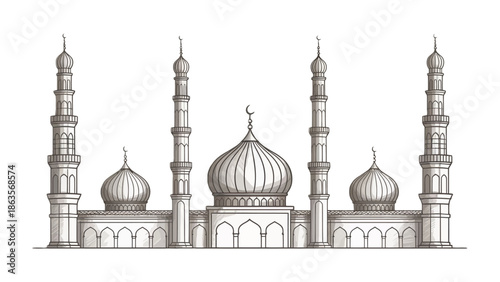Architectural Mosque Illustration: A detailed pen and ink illustration showcases a grand mosque with intricate architectural details, domes, and minarets against a subtle backdrop.