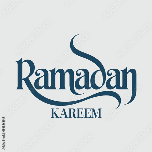 Ramadan Kareem blue text on light gray background Islamic greeting Arabic calligraphy