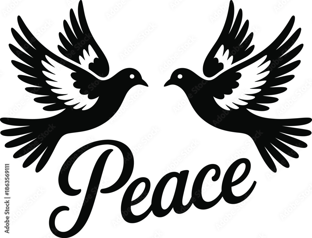 Fototapeta premium Two doves flying with the word Peace bird text
