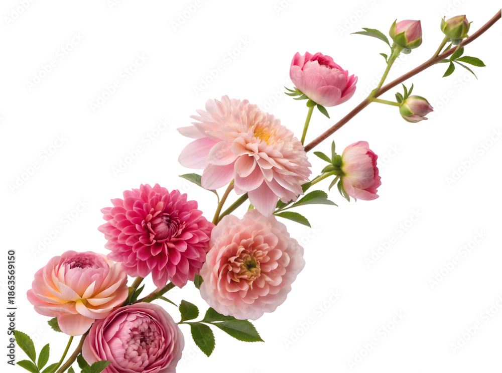 Obraz premium Peony, Dahlia & Garden Rose Vertical Bloom Cascade: A mixed flower branch featuring peony, dahlia, and garden rose arranged in a cascading upward vertical layer, PNG style.
