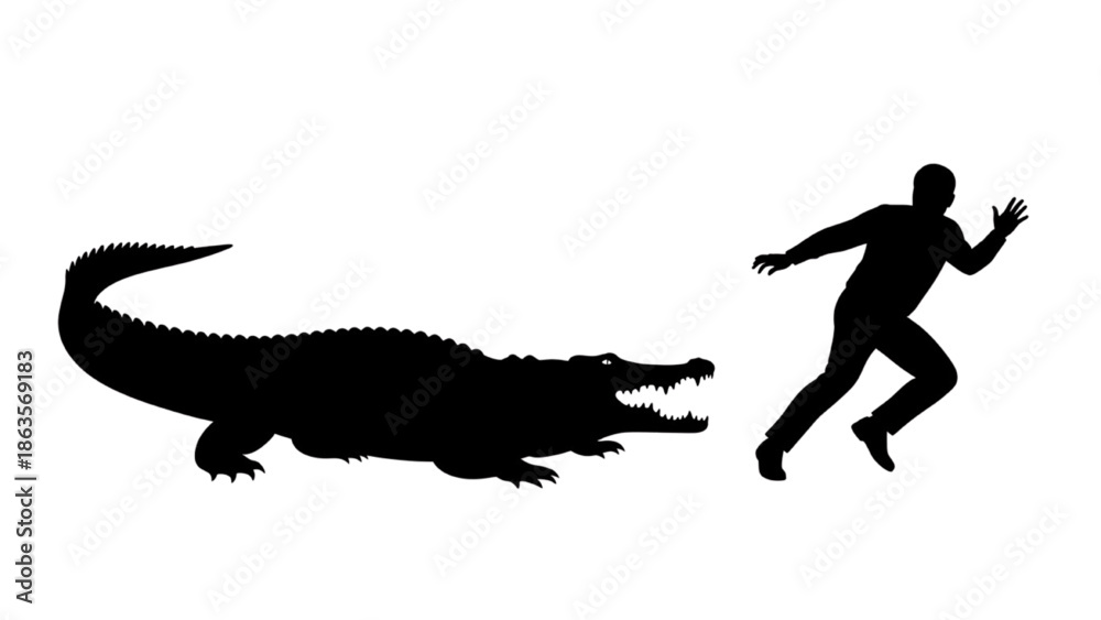 Fototapeta premium Man Running from Crocodile Silhouette Illustration, Outdoor Action Scene, Graphic Design, Side View