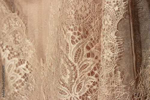 Macro texture of elegant beige lace fabric with intricate floral embroidery pattern