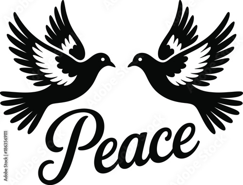 Two doves flying with the word Peace bird text