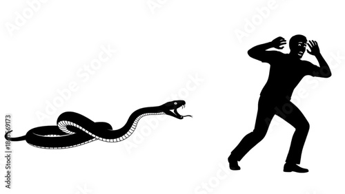 Man Reacting in Fear to Approaching Snake Silhouette in Black and White Illustration