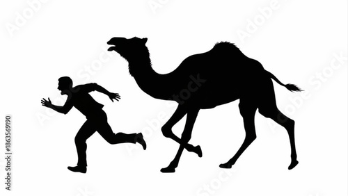 Man Running from Camel Silhouette Illustration, Desert Environment, Side View Graphic Concept
