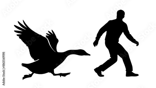 Human silhouette running away from flying goose in black and white graphic illustration