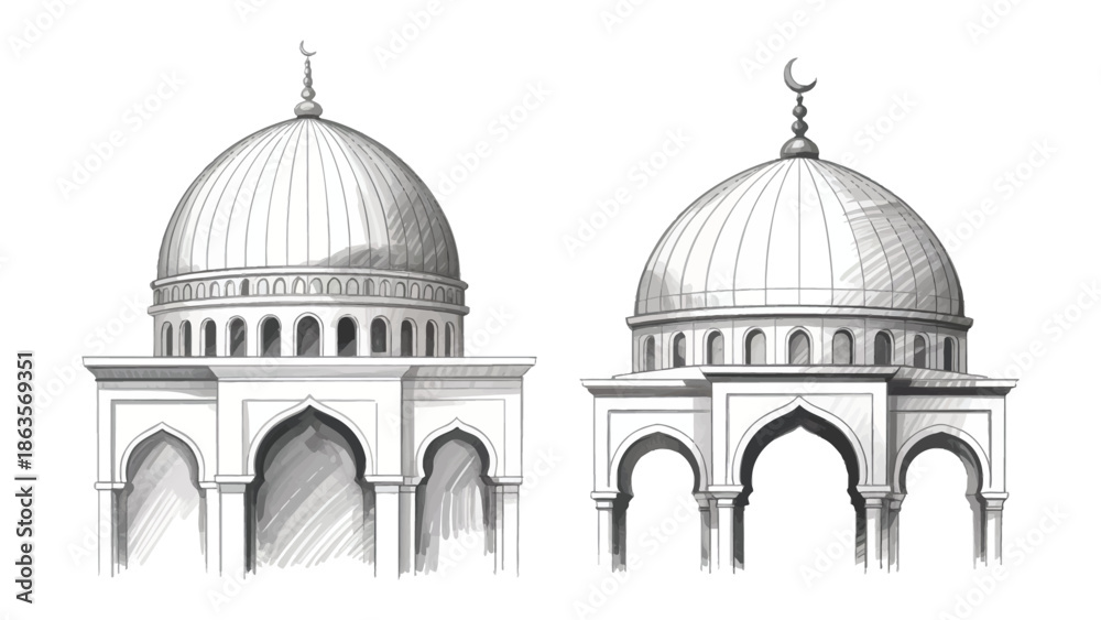 Obraz premium Architectural Elegance: A monochrome illustration showcases the refined beauty of a mosque's architectural elements, revealing a sense of reverence and artistic precision.