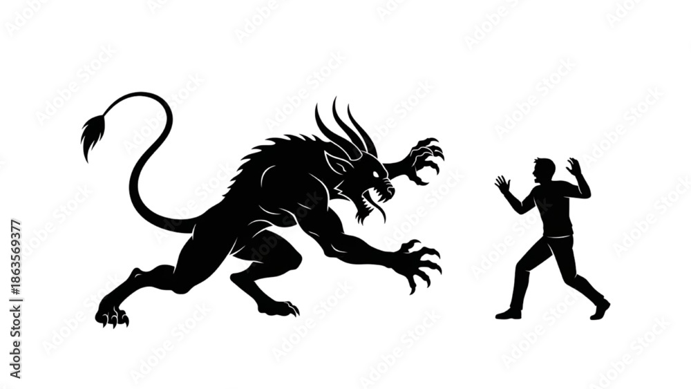 Fototapeta premium Man Facing Mythical Creature Silhouette Action Illustration on White Background