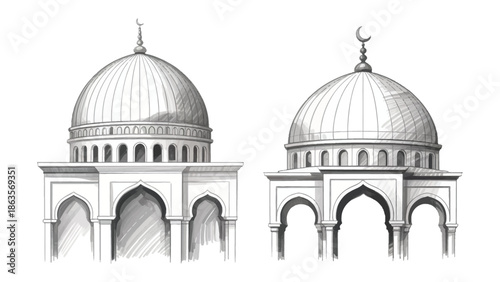 Architectural Elegance: A monochrome illustration showcases the refined beauty of a mosque's architectural elements, revealing a sense of reverence and artistic precision.
