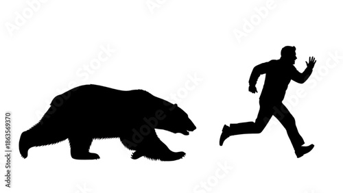 Man Running from polar Bear Silhouette in Wilderness Graphic Illustration with Dramatic Contrast