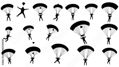 Skydiving Action with Parachutes, Silhouettes, and Airborne Movement in Clear View
