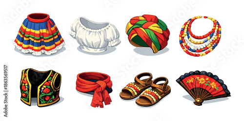 Traditional hispanic clothing accessories display with colorful cultural garments