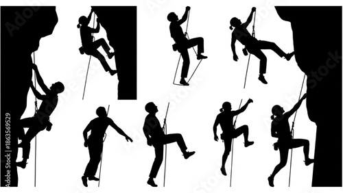 Silhouettes of Rock Climbers Engaged in Outdoor Climbing Activity Against White Background