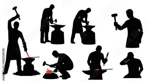 Blacksmiths Forging Metal Tools in Workshop Silhouettes Industrial Craftsmanship Art