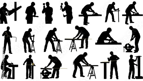 Carpenter Working Silhouette Set Construction Wood Labor Poses