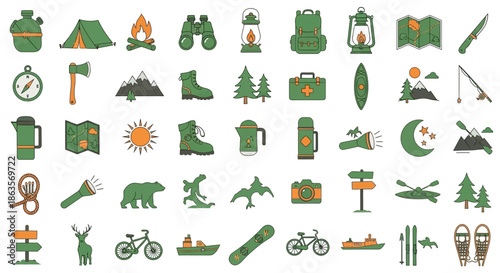 Collection of Camping and Outdoor Adventure Icons Representing Various Activities and Gear