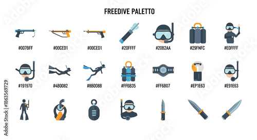 Comprehensive freediving equipment paletto featuring essential tools and accessories for