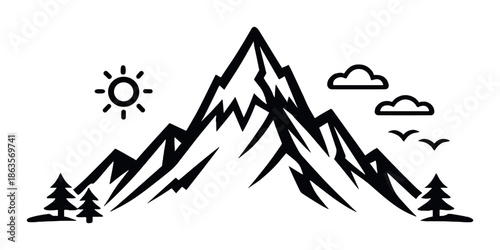 Minimalist mountain scene with sun, clouds, birds, and trees