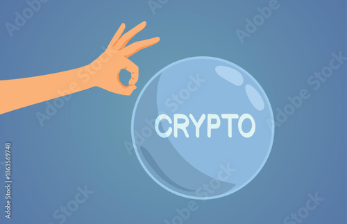Hand Bursts Crypto Bubble Vector Image with Financial Concept.  Person involved in a risky financial scheme with cryptocurrency
