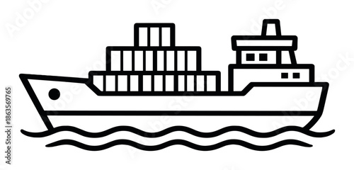 Black outline of cargo ship with containers on gray background