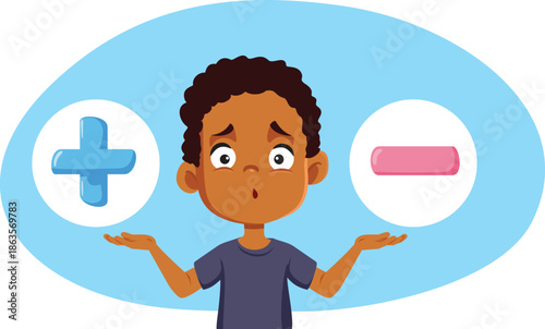 Boy in Doubt Choose Between Advantages and Disadvantages.  Puzzled kid having a dilemma deciding about advantages and disadvantages 