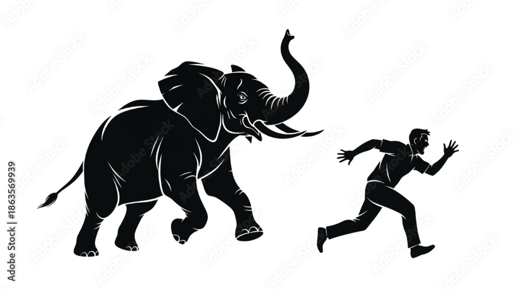 Obraz premium Man Running from Charging Elephant Illustration, Action, Wildlife, Graphic Art, Side View