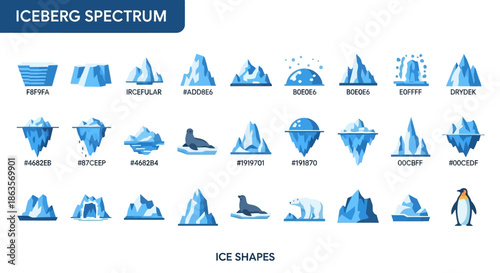 Iceberg Spectrum and Ice Shapes Vector Illustration Set with Hex Color Codes