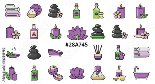 Spa and wellness icon set featuring candles, oils, stones, and floral elements representing
