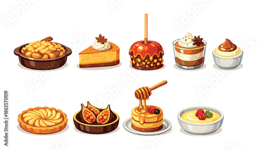 Assorted desserts collection: tarts, cheesecakes, candy apples, parfaits, and more