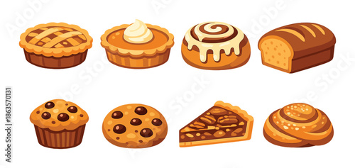 Assorted baked goods: pies, muffins, cookies, rolls, bread