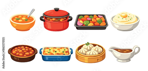Delicious assortment of diverse dishes in colorful food icons
