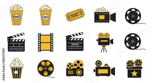 Vintage cinema icons design elements and movie time symbols like popcorns and film reels