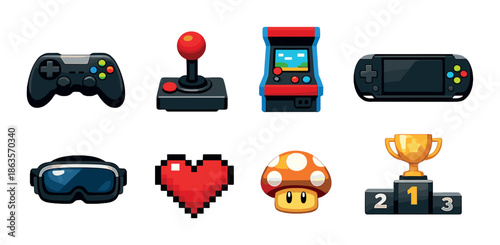 Retro gaming icons collection featuring controllers arcade heart and virtual reality elements