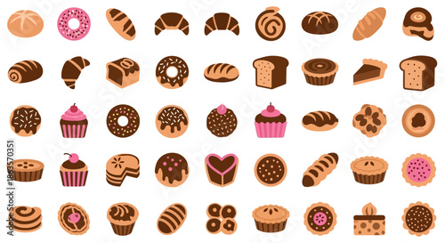 Collection of Assorted Bakery Items, Breads, Pastries, Cakes and Sweets Illustration